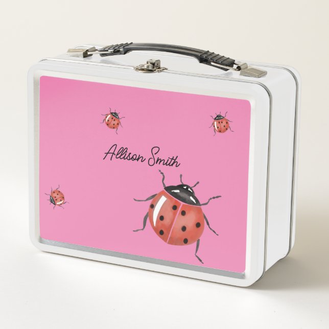 Cute pink Ladybug Metal Lunch Box (Front)
