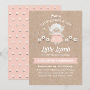 Cute Pink Lamb Baby Girl Shower Invitation