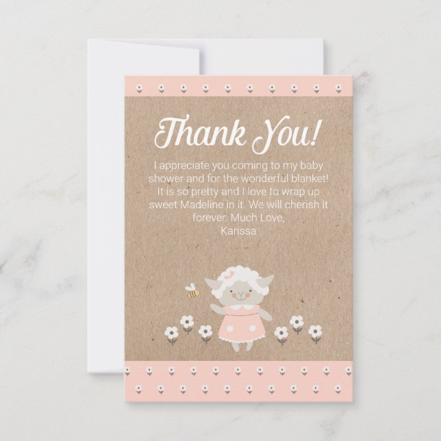 Cute Pink Lamb Girl Baby Shower Thank You Card (Front)