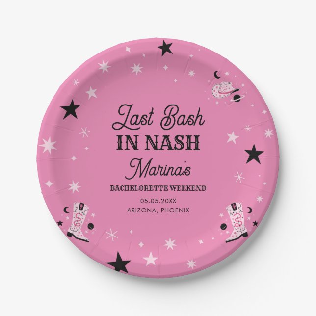Cute Pink Last Bash in Nash Nashville Bachelorette Paper Plate (Front)