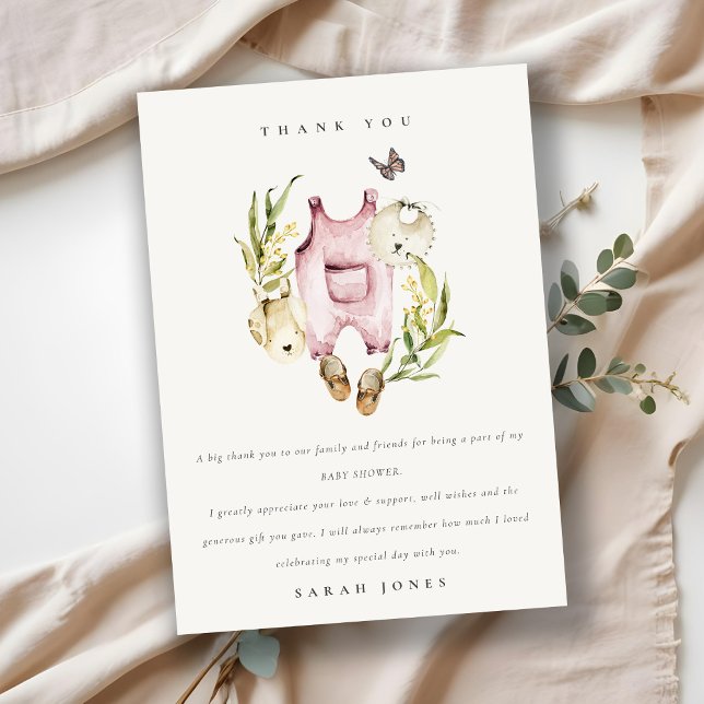 Cute Pink Leafy Foliage Girl Clothes Baby Shower  Thank You Card (Creator Uploaded)
