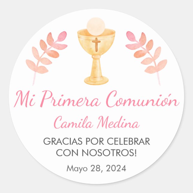 Cute Pink Leaves in Spanish First Communion  Classic Round Sticker (Front)