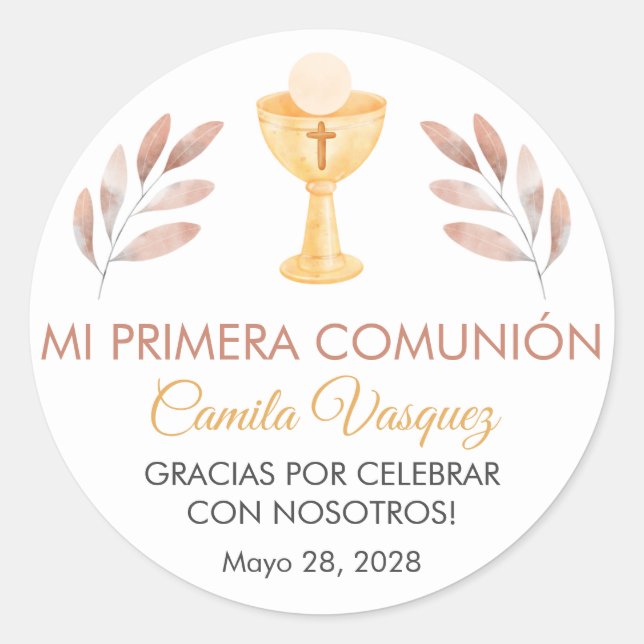 Cute Pink Leaves in Spanish First Communion  Classic Round Sticker (Front)