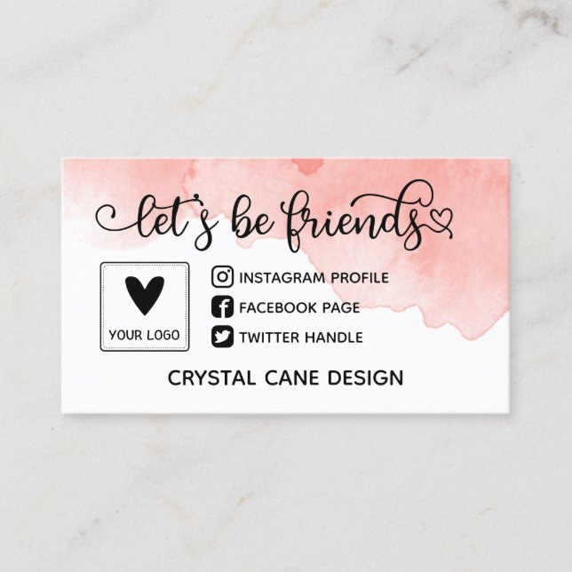 Cute Pink Let's Be Friends Social Media Logo Business Card (Front)