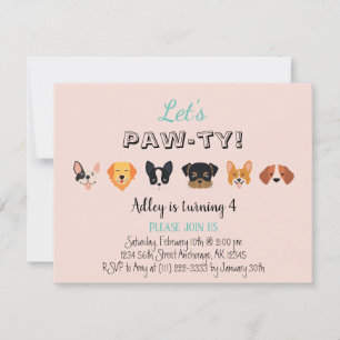 Cute Pink Let's Pawty Girl Puppy Birthday Party Invitation