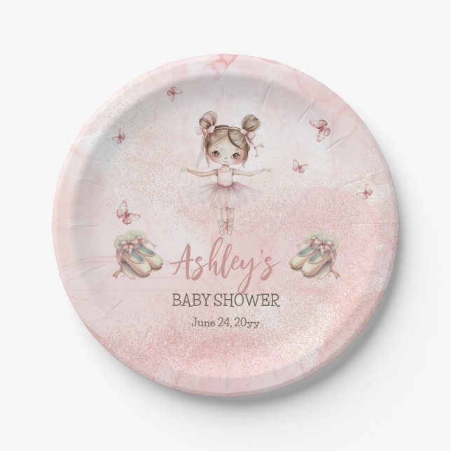 Cute Pink Little Ballerina Tutu Girl Baby Shower Paper Plate (Front)