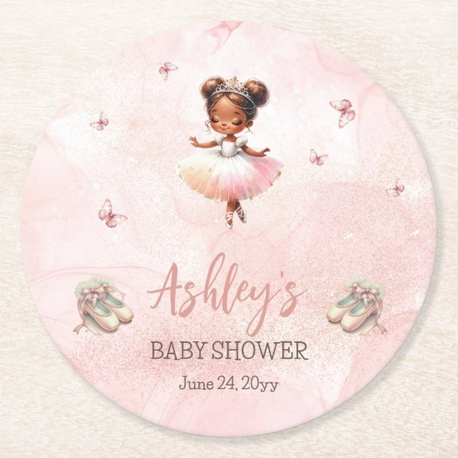 Cute Pink Little Ballerina Tutu Girl Baby Shower Round Paper Coaster (Front)