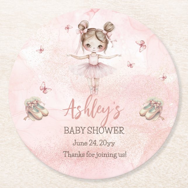 Cute Pink Little Ballerina Tutu Girl Baby Shower Round Paper Coaster (Front)