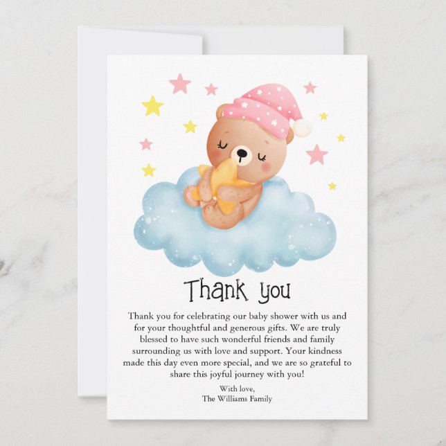 Cute Pink Little Bear Baby Shower  Thank You Card (Front)
