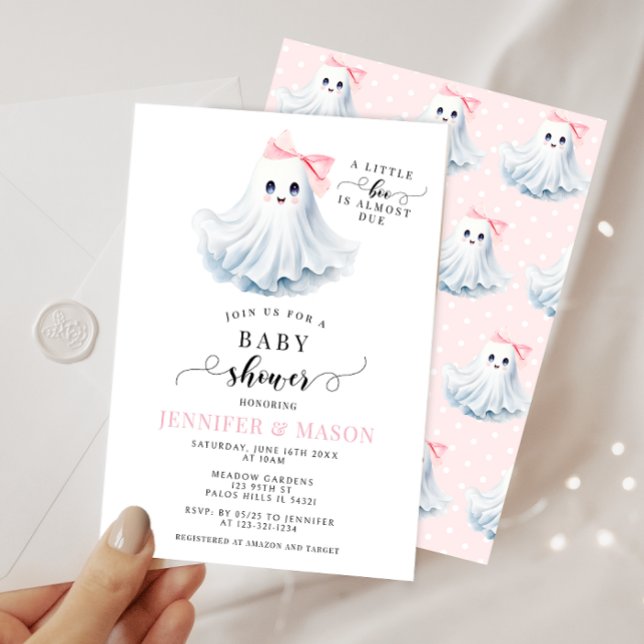 Cute Pink Little Boo Ghost Bow Baby Girl Shower Invitation (Creator Uploaded)