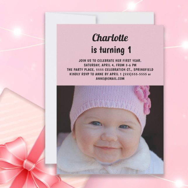 Cute Pink Little Girl's 1st Birthday Photo  Invitation (Pink photo invitation for baby girl's 1st birthday party)