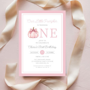 Cute Pink Little Pumpkin 1st Birthday Invitation