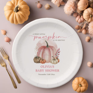 Cute Pink Little Pumpkin Girl Baby Shower Paper Plate