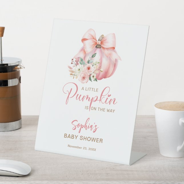 Cute Pink Little Pumpkins Baby Shower Pedestal Sign (In SItu)