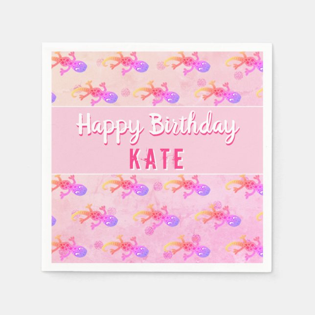 Cute Pink Lizard Gecko Girly Birthday Party Napkin (Front)