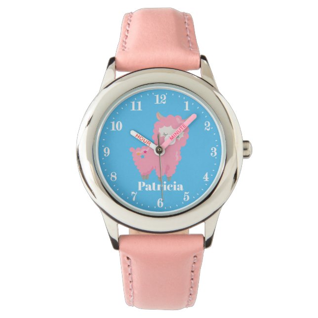 Cute pink llama add name girls watch (Front)