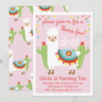 Cute Pink Llama Cactus Birthday Invitation