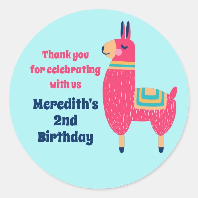 Cute Pink Llama Cartoon Kids Birthday Party Classic Round Sticker (Front)