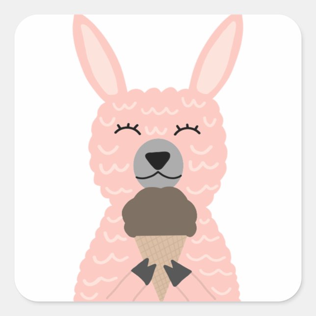 Cute Pink Llama Eating Ice Cream Square Sticker (Front)