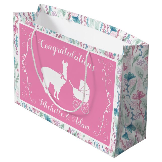 Cute Pink Llama Girl Baby Shower  Large Gift Bag (Back Angled)
