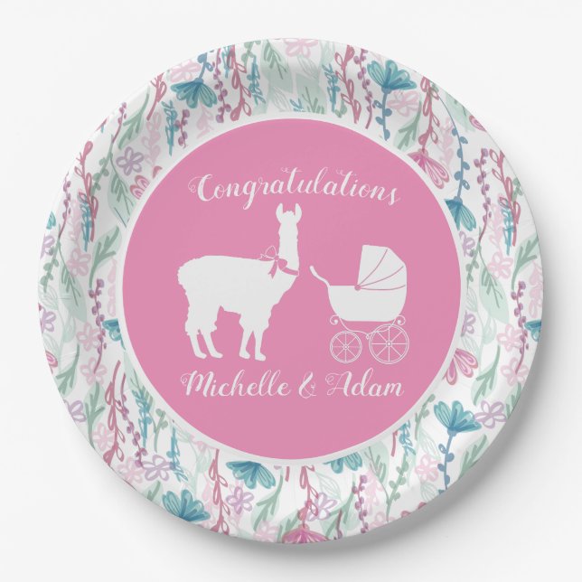 Cute Pink Llama Girl Baby Shower  Paper Plate (Front)