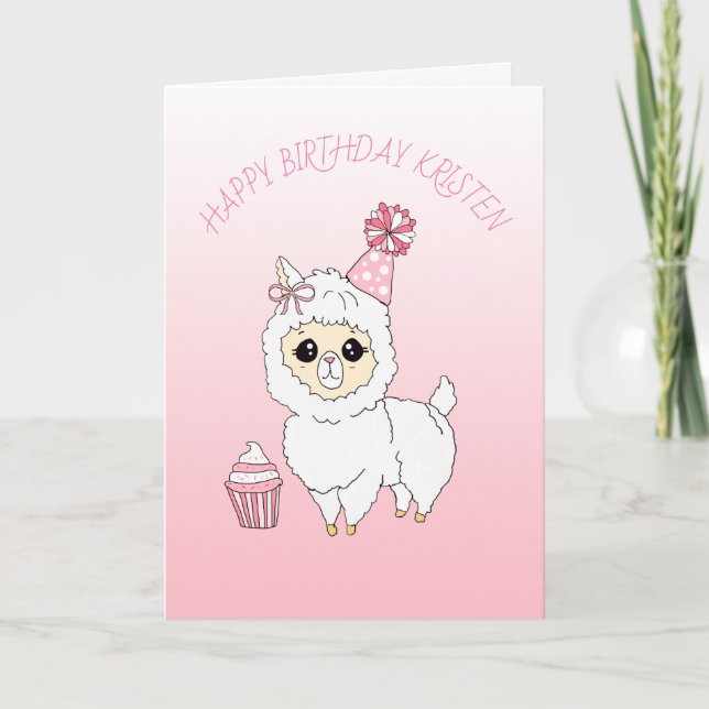 Cute Pink Llama Girl's Personalised Happy Birthday Card (Front)