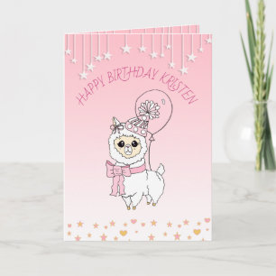 Cute Pink Llama Girl's Personalised Happy Birthday Card