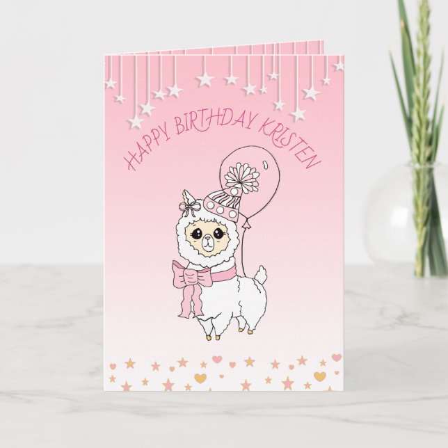Cute Pink Llama Girl's Personalised Happy Birthday Card (Front)