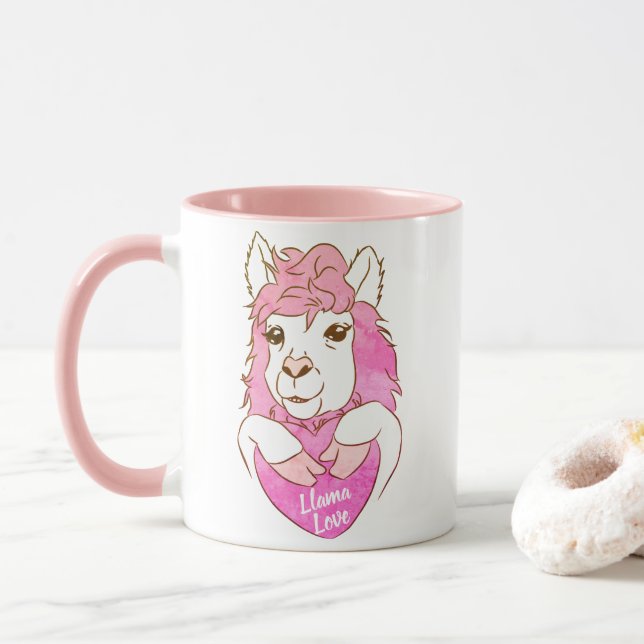 Cute Pink Llama Sketch Llama Love Mug (With Donut)