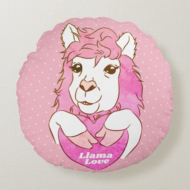 Cute Pink Llama Sketch & Polka Dots Llama Love Round Cushion (Front)