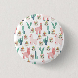 Cute Pink Llama's and Green Cactus 3 Cm Round Badge
