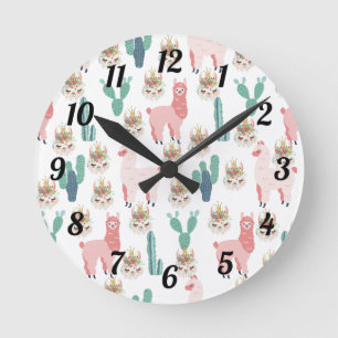 Cute Pink Llamas and Green Cactus Baby Kids Round Clock