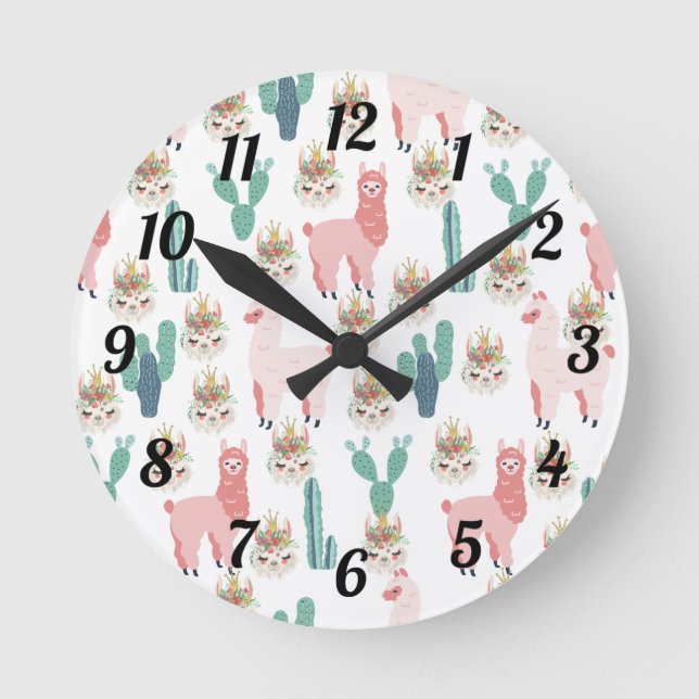 Cute Pink Llamas and Green Cactus Baby Kids Round Clock (Front)