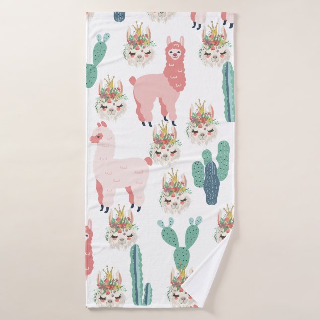 Cute Pink Llama's and Green Cactus Bath Towel (Bath Towel)