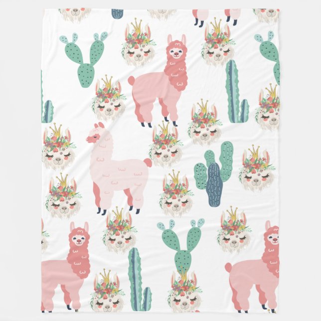 Cute Pink Llama's and Green Cactus Fleece Blanket (Front)