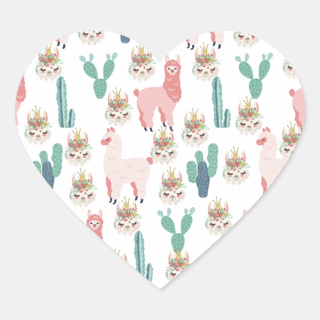 Cute Pink Llama's and Green Cactus  Heart Sticker (Front)