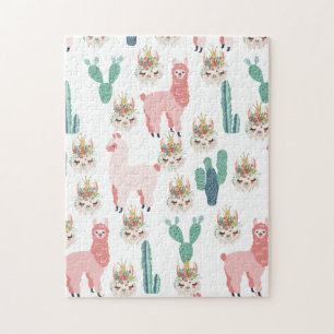 Cute Pink Llama's and Green Cactus Jigsaw Puzzle