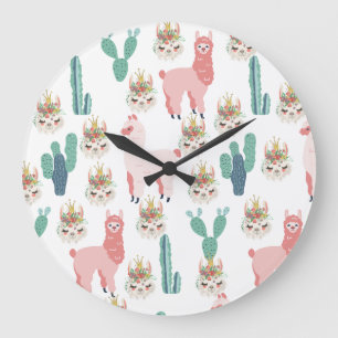 Cute Pink Llama's and Green Cactus Large Clock