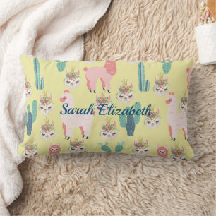 Cute Pink llama's and green cactus Personalised Lumbar Cushion