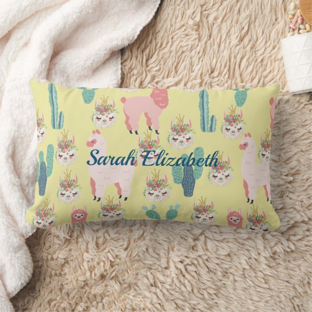 Cute Pink llama's and green cactus Personalised Lumbar Cushion (Blanket)