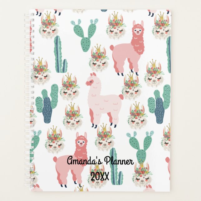 Cute Pink Llama's and Green Cactus Planner (Front)