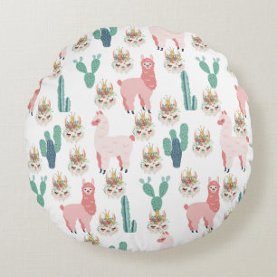 Cute Pink Llama's and Green Cactus Round Cushion