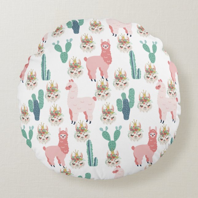 Cute Pink Llama's and Green Cactus Round Cushion (Front)