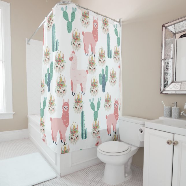 Cute Pink Llama's and Green Cactus Shower Curtain (In Situ)