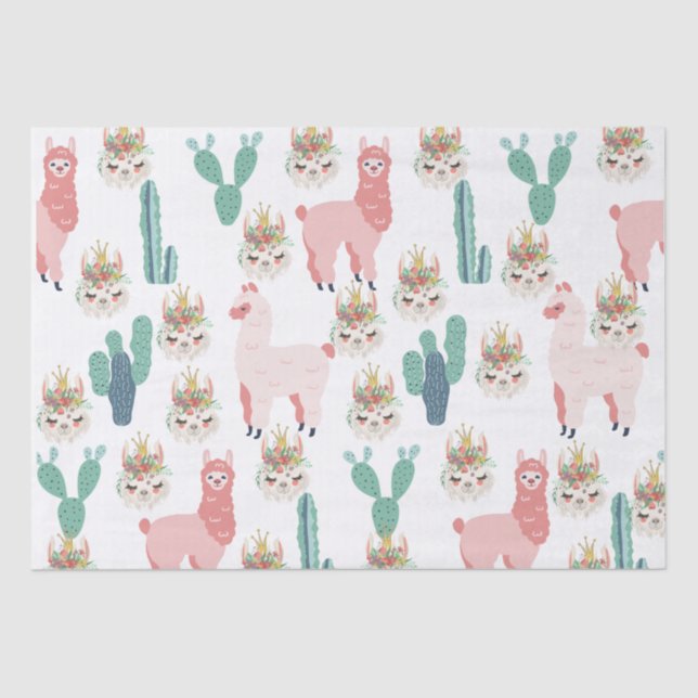 Cute Pink Llama's and Green Cactus Tissue Paper (Front)