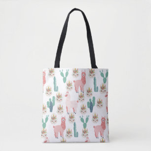Cute Pink Llama's and Green Cactus Tote Bag