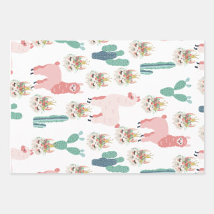 Cute Pink Llama's and Green Cactus Wrapping Paper Sheet