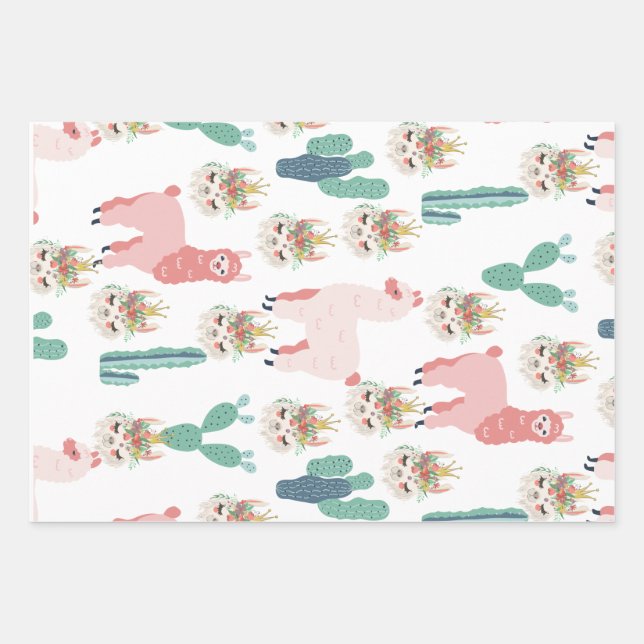 Cute Pink Llama's and Green Cactus Wrapping Paper Sheet (Front)