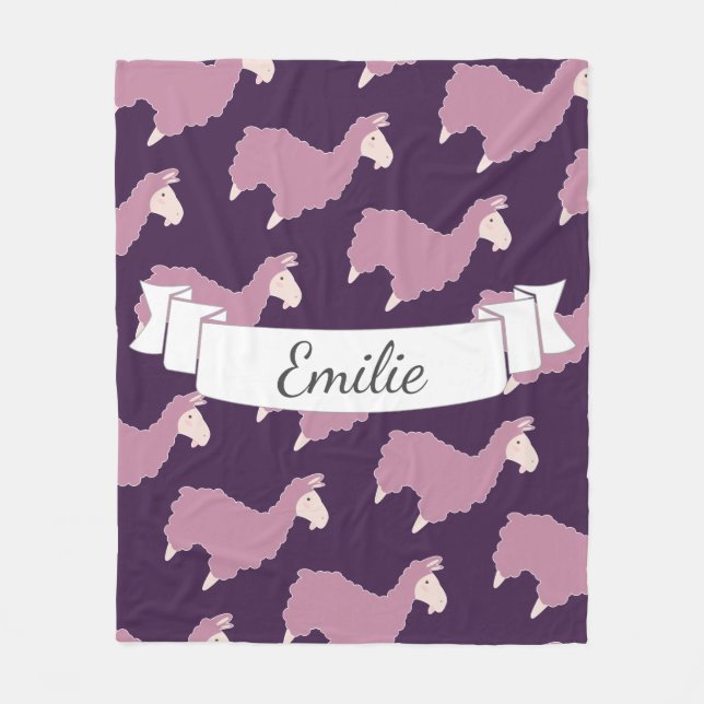 Cute Pink Llamas Custom Name Fleece Blanket (Front)