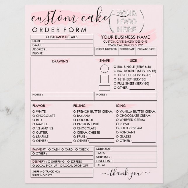 Cute Pink Logo Custom Best Bakery Cake Order Form (Front)